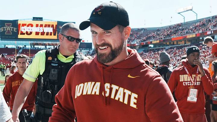 Iowa State head football coach Jimmy Rogers celebrates after a 45-42 victory over West Virginia in a Big 12 Conference football game on Oct. 3, 2026, at Jack Trice Stadium in Ames, Iowa.