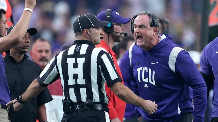 Dec 31, 2022; Glendale, Arizona, USA; TCU Horned Frogs head coach Sonny Dykes yells at a referee in the first half of the 2022 Fiesta Bowl against the Michigan Wolverines at State Farm Stadium. Mandatory Credit: Joe Camporeale-USA TODAY Sports