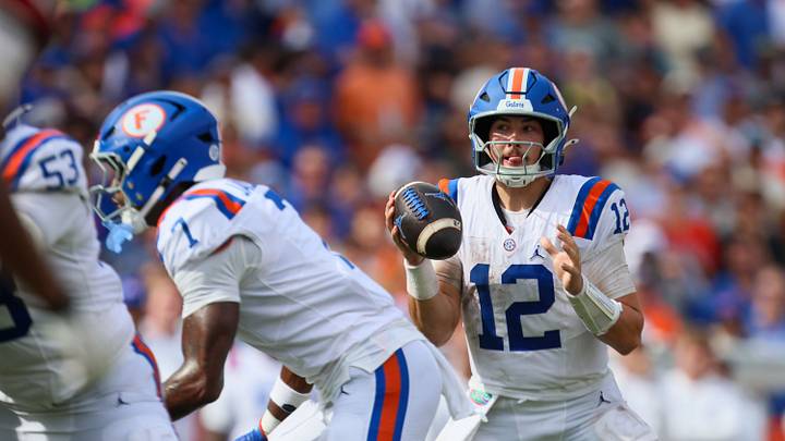 Florida quarterback Aaron Philo (12) looks for a reciever during the second half of an NCAA football at Steve Spurrier Field at Ben Hill Griffin Stadium in Gainesville, FL on Saturday, October 10, 2026. [Alan Youngblood/Gainesville Sun]