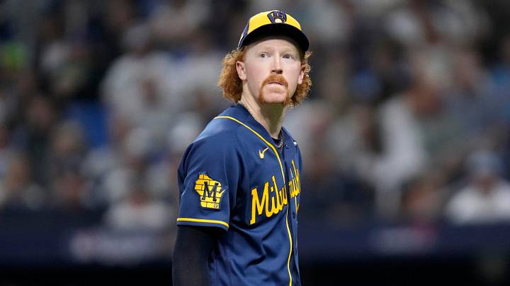 Milwaukee Brewers pitcher Dustin May (21) is taken out during the fourth inning against the Tampa Bay Rays during Game 4 of the World Series at Tropicana Field in St. Petersburg, Fla. on Oct 27, 2026.