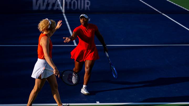 Taylor Townsend celebrates a point with her partner Katerina Siniakova while playing against Ellen Perez and Demi Schuurs in their doubles quarterfinal match at the BNP Paribas Open in Indian Wells, Calif., Tuesday, March 10, 2026. Taylor Townsend celebrates a point with her partner Katerina Siniakova while playing against Ellen Perez and Demi Schuurs in their doubles quarterfinal match at the BNP Paribas Open in Indian Wells, Calif., Tuesday, March 10, 2026.