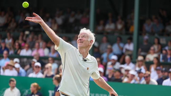 John McEnroe serves during the Celebrity Pro Classic at the International Tennis Hall of Fame in Newport on Friday, Aug. 28, 2026.