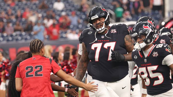 Aug 20, 2026; Houston, Texas, USA; Houston Texans offensive tackle Trent Brown (77) and teammates enters the field out of the tunnel before the Texans play the Las Vegas Raiders at Reliant Stadium. Mandatory Credit: Thomas Shea-Imagn Images Aug 20, 2026; Houston, Texas, USA; Houston Texans offensive tackle Trent Brown (77) and teammates enters the field out of the tunnel before the Texans play the Las Vegas Raiders at Reliant Stadium. Mandatory Credit: Thomas Shea-Imagn Images