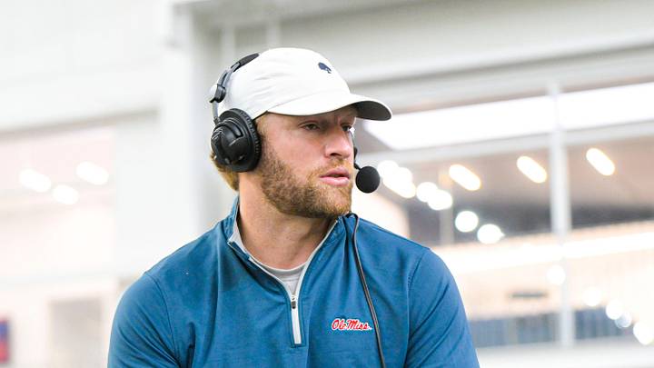 Offensive coordinator John David Baker speaks at Ole Miss “Meet the Rebels” in Oxford, Miss. on Saturday, April 25, 2026.