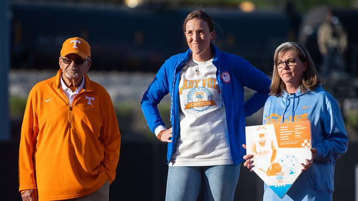 Monica Abbott, center, is honored before a SEC softball game between Tennessee and Florida at Sherri Parker Lee Stadium in Knoxville, Tenn., on Monday, April 24, 2023. Monica Abbott, center, is honored before a SEC softball game between Tennessee and Florida at Sherri Parker Lee Stadium in Knoxville, Tenn., on Monday, April 24, 2023.