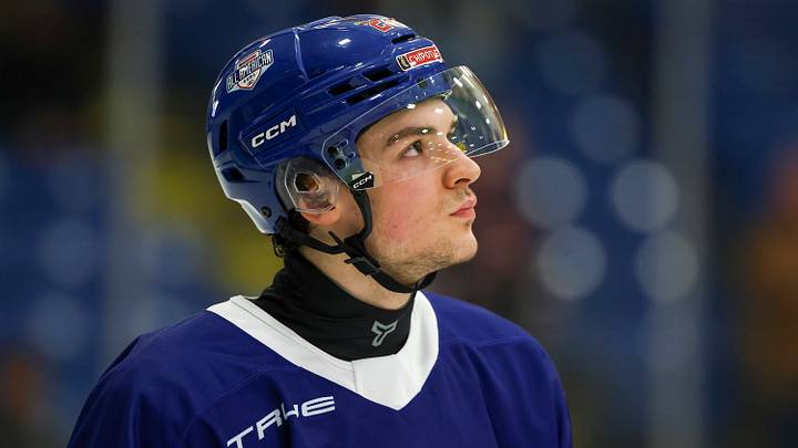PLYMOUTH, MI - JANUARY 15: Cole Tuminaro #25 of Team Blue concentrates during pregame warmups before the Chipotle All American Game between Team White and Team Blue at USA Hockey Arena on January 15, 2026 in Plymouth, Michigan. (Photo by Michael Miller/ISI Photos/ISI Photos via Getty Images)