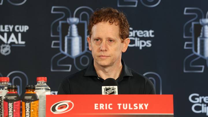 RALEIGH, NORTH CAROLINA - JUNE 01: General manager Eric Tulsky of the Carolina Hurricanes speaks to the media on Media Day ahead of the 2026 Stanley Cup Final at Lenovo Center on June 01, 2026 in Raleigh, North Carolina. (Photo by Bruce Bennett/Getty Images)