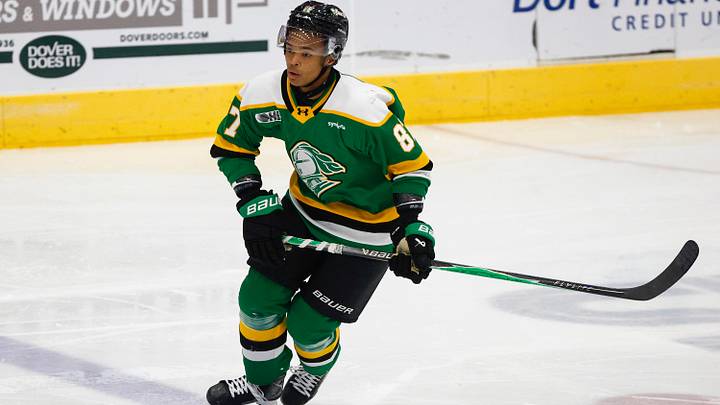 London Knights forward Jaxon Cover #87 skates without the puck during a game between London Knights and Flint Firebirds