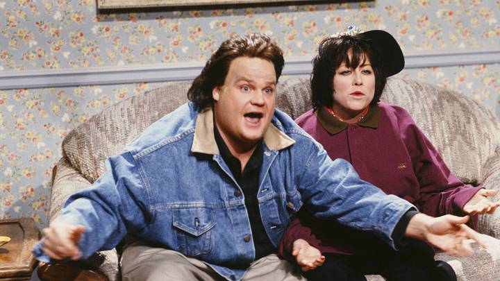 Chris Farley as Tom Arnold, Victoria Jackson as Roseanne on Saturday Night Live on October 20, 1990 Chris Farley as Tom Arnold, Victoria Jackson as Roseanne on Saturday Night Live on October 20, 1990