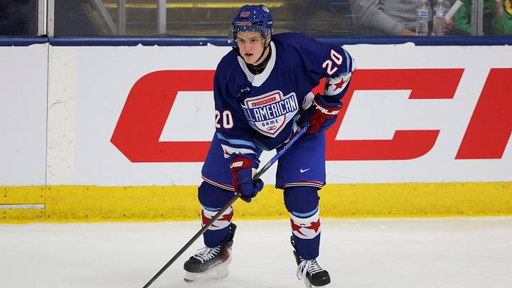 PLYMOUTH, MI - JANUARY 15: Blake Zielinski #20 of Team Blue skates with the puck during the Chipotle All American Game between Team White and Team Blue at USA Hockey Arena on January 15, 2026 in Plymouth, Michigan. (Photo by Michael Miller/ISI Photos/ISI Photos via Getty Images)