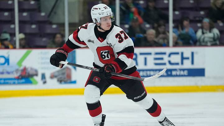 BRAMPTON, CANADA - MARCH 13: Thomas Vandenberg #37 of the Ottawa 67's skates against the Brampton Steelheads during the second period at the CAA Centre on March 13, 2026 in Brampton, Canada. (Photo by John E. Sokolowski/Getty Images)