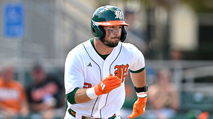 Miami Hurricanes right fielder Derek Williams (No. 2) against Lafayette Miami Hurricanes right fielder Derek Williams (No. 2) against Lafayette