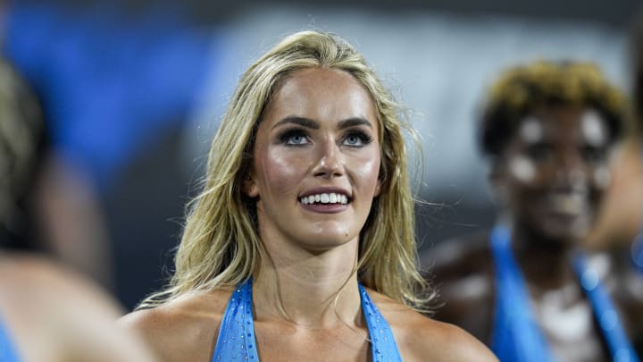 Aug 17, 2024; Charlotte, North Carolina, USA; Carolina Panthers Topcats cheerleader during the second half against the New York Jets at Bank of America Stadium.