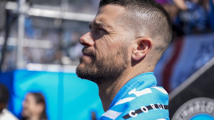 Mar 1, 2025; Charlotte, North Carolina, USA; Carolina Panthers coach Dave Canales was the first coronation honoree during the first half between Charlotte FC and Atlanta United at Bank of America Stadium. 