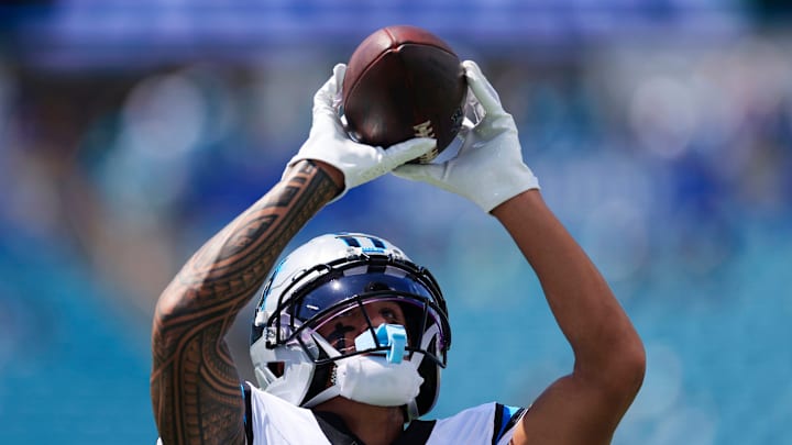 Carolina Panthers wide receiver Tetairoa McMillan (4) catches a pass before an NFL football matchup at EverBank Stadium, Sunday, Sept. 7, 2025 in Jacksonville, Fla.