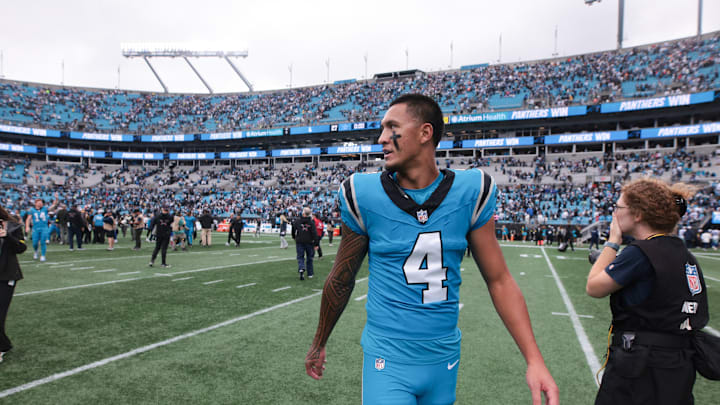 Oct 12, 2025; Charlotte, North Carolina, USA; Carolina Panthers wide receiver Tetairoa McMillan (4) looks on after the game against the Dallas Cowboys at Bank of America Stadium. 