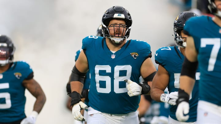Jacksonville Jaguars guard Brandon Scherff (68) runs on the field before an NFL football matchup Sunday, Dec. 29, 2024 at EverBank Stadium in Jacksonville, Fla. The Jaguars held off the Titans 20-13.