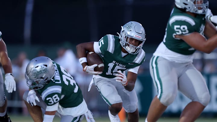 Jaden Jefferson, who finished fourth in the state 100-meter dash (10.40 seconds), scored on a 43-touchdown run in the third quarter during De La Salle's 39-10 win over Serra on Sept. 6, 2024 at Owen Owens Field. 