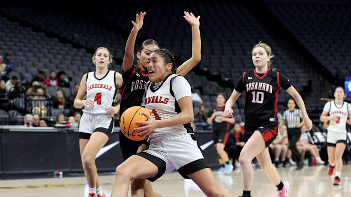 Woodland Christian point guard Keziah Maldonado-Lemus drives to the basket against Rosemond in the California (CIF) Division 5 basketball title game at Golden 1 Center.
