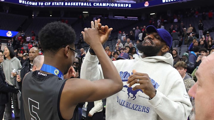 LeBron James celebrates with his son Bryce after Sierra Canyon won the California (CIF) State Division 1 title at Golden 1 Center in Sacramento.
