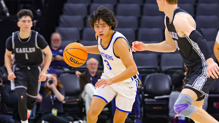 Jai Gerrodette of Priory dribbles during the California (CIF) State Division 4 championship game at Golden 1 Center in Sacramento.