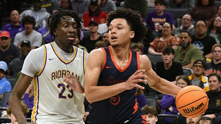Brayden Burries drives the baseline against Archbishop Riordan in the California (CIF) State Open Division title game at the Golden 1 Center. Brayden Burries drives the baseline against Archbishop Riordan in the California (CIF) State Open Division title game at the Golden 1 Center.