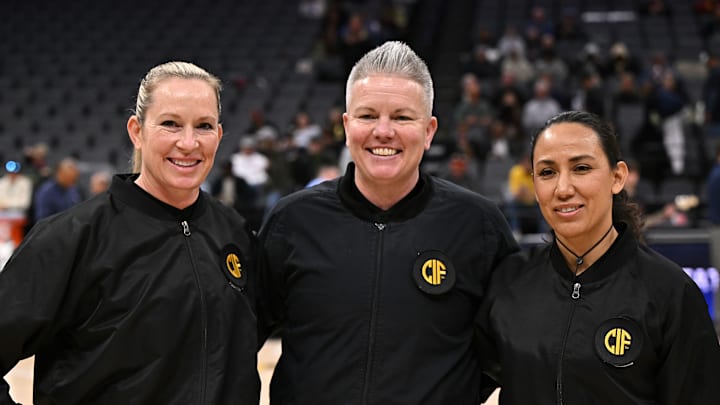 (L-R): Bryn Britton, Amanda Baker and Brenda Chavez - one of six all-female officiating crews for the 2025 CIF State girls basketball championships on March 14-15 at the Golden 1 Center in Sacramento.