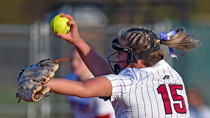 Southside's Jalyn Allen delivers a pitch during high school softball action against Etowah in Southside, Alabama, on March 6. 