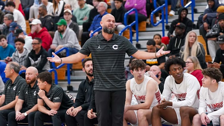 Columbus head coach Andrew Moran questions a call during the title game of the 2025 Chipotle Nationals in Indiana.