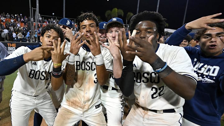 St. John Bosco celebrates its dramatic 3-2 walk-off victory over Santa Margarita in the CIF Southern Section Division 1 final at Cal State Fullerton on Friday, May 30, 2025. St. John Bosco celebrates its dramatic 3-2 walk-off victory over Santa Margarita in the CIF Southern Section Division 1 final at Cal State Fullerton on Friday, May 30, 2025.