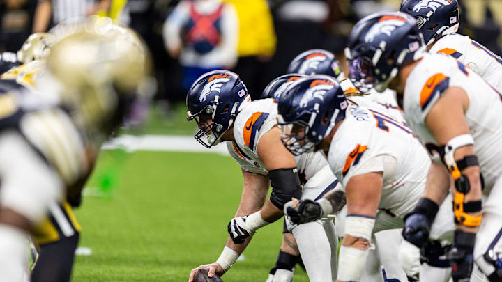 Oct 17, 2024; New Orleans, Louisiana, USA; Denver Broncos line up the ball against the New Orleans Saints during the second half at Caesars Superdome. Oct 17, 2024; New Orleans, Louisiana, USA; Denver Broncos line up the ball against the New Orleans Saints during the second half at Caesars Superdome.