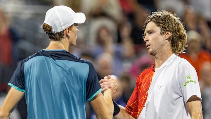 Jannik Sinner and Andrey Rublev shake hands after their match at the 2024 Canadian Open. Jannik Sinner and Andrey Rublev shake hands after their match at the 2024 Canadian Open.