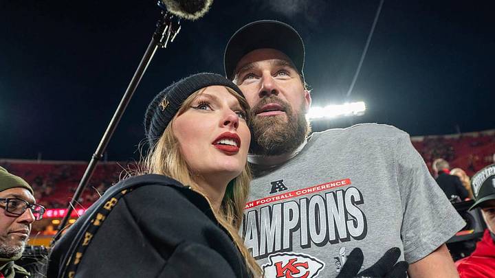 Taylor Swift and Kansas City Chiefs tight end Travis Kelce walk off the field after the trophy ceremony. Taylor Swift and Kansas City Chiefs tight end Travis Kelce walk off the field after the trophy ceremony.