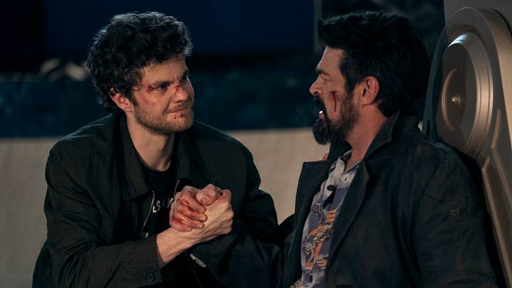 Jack Quaid (Hughie Campbell), Karl Urban (Billy Butcher) in The Boys Season 5. 