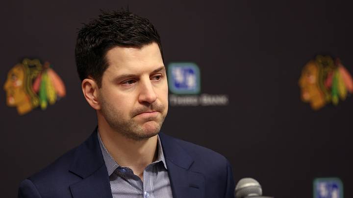 Chicago Blackhawks general manager Kyle Davidson speaks with the media following the firing of head coach Luke Richardson and the hiring of interim head coach Anders Sorensen at Fifth Third Arena on Dec. 6, 2024, in Chicago. (Stacey Wescott/Chicago Tribune/Tribune News Service via Getty Images)