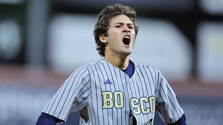 St. John Bosco's Jack Champlin celebrates during the CIF Southern Section Division 1 baseball final against Norco on Friday, May 29, 2026 at Cal State Fullerton. St. John Bosco's Jack Champlin celebrates during the CIF Southern Section Division 1 baseball final against Norco on Friday, May 29, 2026 at Cal State Fullerton.
