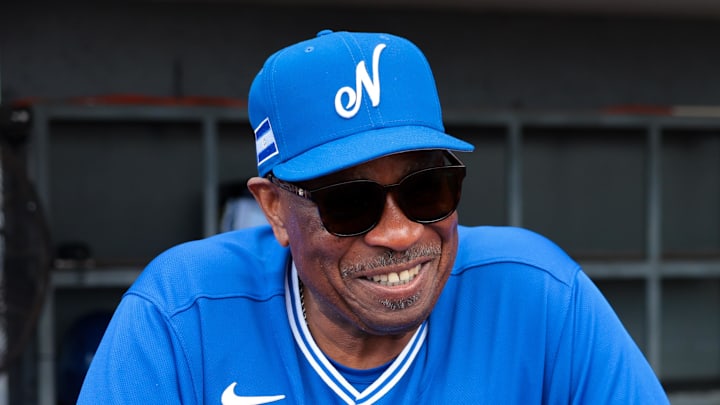 Mar 3, 2026; Port St. Lucie, FL, USA; Nicaragua manager Dusty Baker Jr. (12) smiles from the dugout before the game against the New York Mets at Clover Park. Mandatory Credit: Sam Navarro-Imagn Images