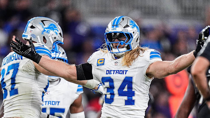 Detroit Lions linebacker Alex Anzalone celebrates a tackle against the Baltimore Ravens during the second half at M&T Bank Stadium in Baltimore, Maryland, on Monday, Sept. 22, 2025.
