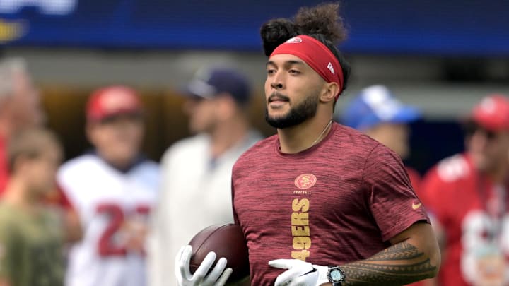 Sep 22, 2024; Inglewood, California, USA;  San Francisco 49ers safety Talanoa Hufanga (29) warms up prior to the game against the Los Angeles Rams at SoFi Stadium. Mandatory Credit: Jayne Kamin-Oncea-Imagn Images