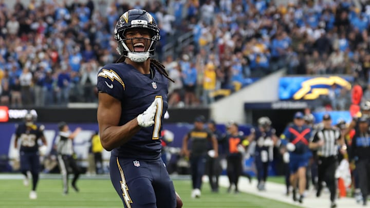 Dec 27, 2025; Inglewood, California, USA; Los Angeles Chargers wide receiver Quentin Johnston (1) reacts after making a 60-yard reception against the Houston Texans during the first half at SoFi Stadium. Mandatory Credit: Kiyoshi Mio-Imagn Images Dec 27, 2025; Inglewood, California, USA; Los Angeles Chargers wide receiver Quentin Johnston (1) reacts after making a 60-yard reception against the Houston Texans during the first half at SoFi Stadium. Mandatory Credit: Kiyoshi Mio-Imagn Images