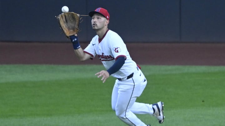 Jul 23, 2025; Cleveland, Ohio, USA; Cleveland Guardians left fielder Steven Kwan (38) makes a catch in the fourth inning against the Baltimore Orioles at Progressive Field. Mandatory Credit: David Richard-Imagn Images
