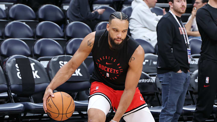 Oct 7, 2024; Salt Lake City, Utah, USA; Houston Rockets forward Dillon Brooks (9) warms up before the game against the Utah Jazz at Delta Center. Mandatory Credit: Rob Gray-Imagn Images