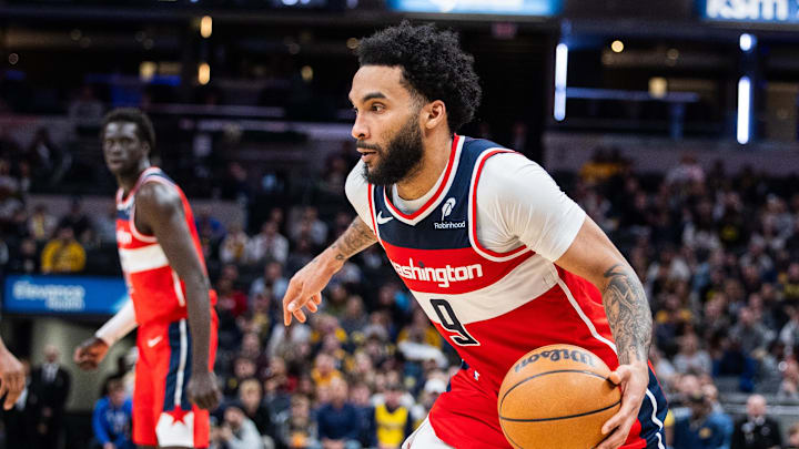 Apr 8, 2025; Indianapolis, Indiana, USA; Washington Wizards forward Justin Champagnie (9) dribbles the ball  in the second half against the Indiana Pacers at Gainbridge Fieldhouse. Mandatory Credit: Trevor Ruszkowski-Imagn Images