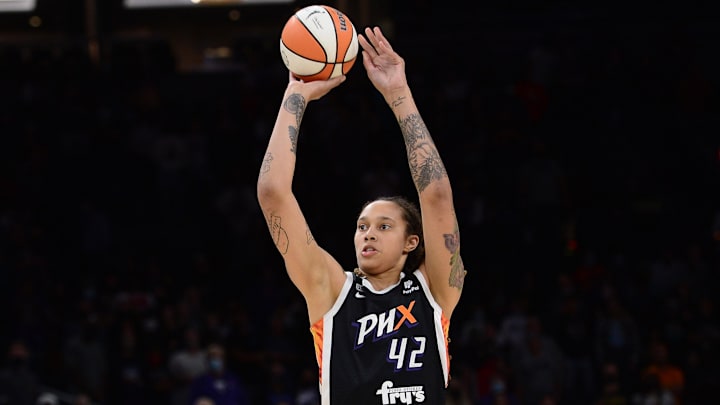 Oct 13, 2021; Phoenix, Arizona, USA; Phoenix Mercury center Brittney Griner (42) shoots against the Chicago Sky during the first half of game two of the 2021 WNBA Finals at Footprint Center. Mandatory Credit: Joe Camporeale-Imagn Images