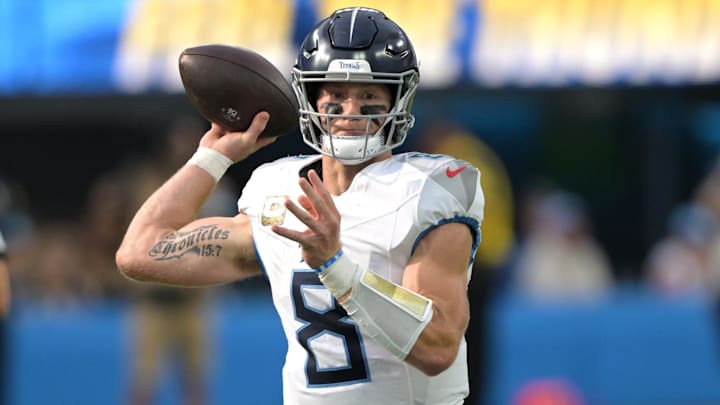 Nov 10, 2024; Inglewood, California, USA;  Tennessee Titans quarterback Will Levis (8) sets to pass in the first half against the Los Angeles Chargers at SoFi Stadium. Mandatory Credit: Jayne Kamin-Oncea-Imagn Images