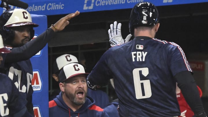 Sep 12, 2025; Cleveland, Ohio, USA; Cleveland Guardians designated hitter David Fry (6) celebrates his solo home run with manager Stephen Vogt (12) in the fourth inning against the Chicago White Sox at Progressive Field. Mandatory Credit: David Richard-Imagn Images
