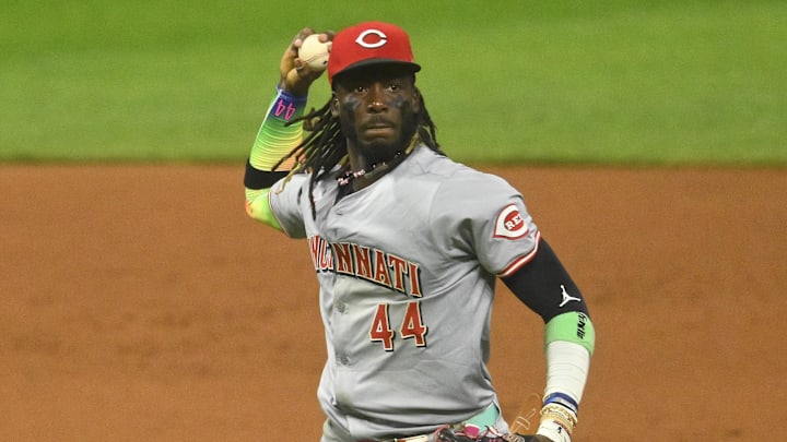 Sep 24, 2024; Cleveland, Ohio, USA; Cincinnati Reds shortstop Elly De La Cruz (44) throws to first base in the seventh inning against the Cleveland Guardians at Progressive Field. Mandatory Credit: David Richard-Imagn Images