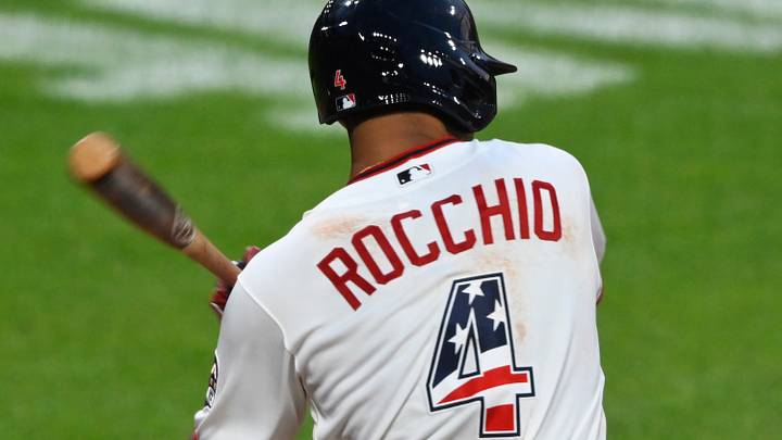 Jul 4, 2026; Cleveland, Ohio, USA; Cleveland Guardians shortstop Brayan Rocchio (4) bats in the sixth inning against the Chicago White Sox at Progressive Field. Mandatory Credit: David Richard-Imagn Images