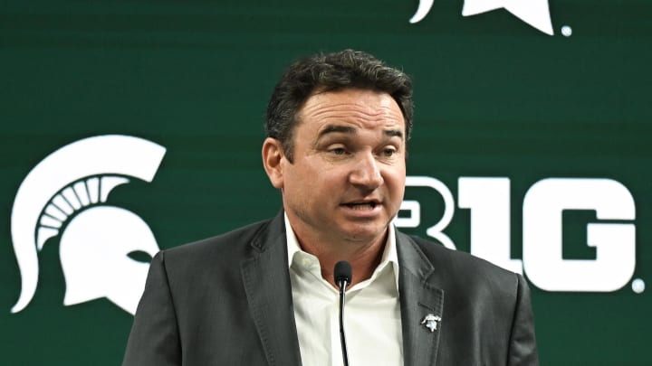 Jul 24, 2024; Indianapolis, IN, USA;  Michigan State Spartans head coach Jonathan Smith speaks to the media during the Big 10 football media day at Lucas Oil Stadium. Mandatory Credit: Robert Goddin-USA TODAY Sports