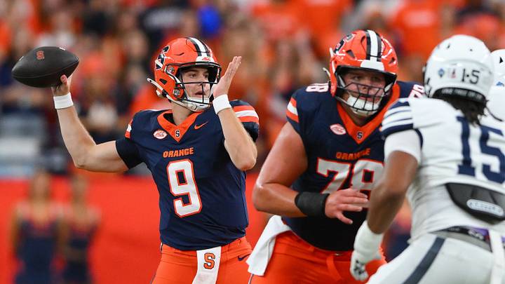 Sep 5, 2026; Syracuse, New York, USA; Syracuse Orange quarterback Steve Angeli (9) passes the ball during the first half against the New Hampshire Wildcats at the JMA Wireless Dome. Mandatory Credit: Rich Barnes-Imagn Images Sep 5, 2026; Syracuse, New York, USA; Syracuse Orange quarterback Steve Angeli (9) passes the ball during the first half against the New Hampshire Wildcats at the JMA Wireless Dome. Mandatory Credit: Rich Barnes-Imagn Images